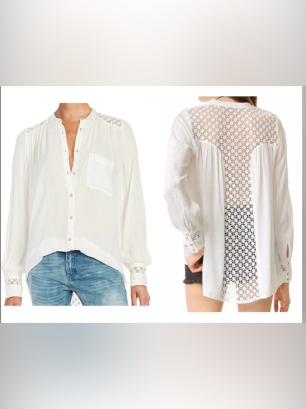 Free People Ivory Lace-Back Button Blouse